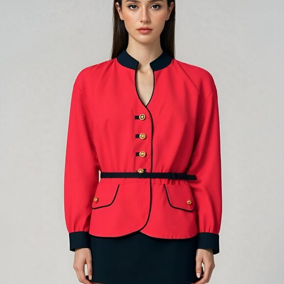 Vintage 80s Dani Max Red Black Gold Military Belted Blazer Dress Jacket XL 14 - Picture 1 of 7
